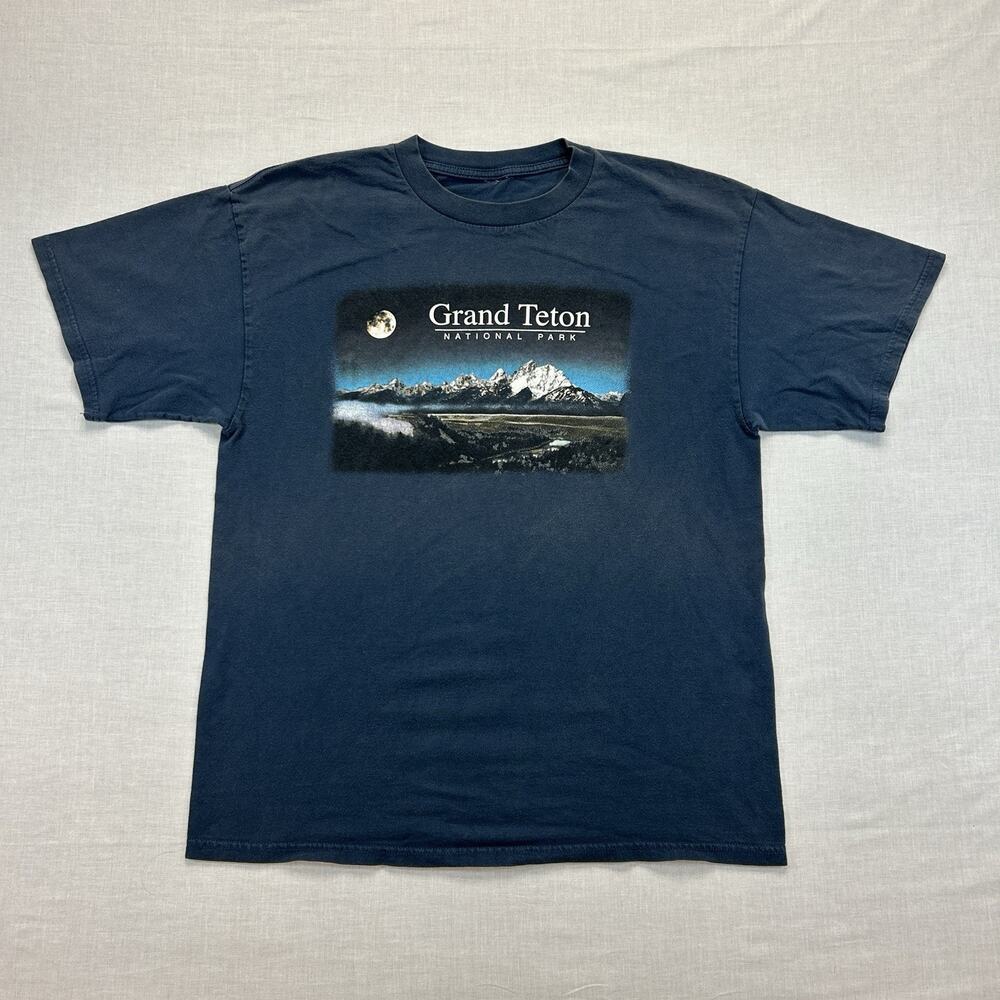 Vintage Grand Teton National Park T-Shirt Mens Medium Blue Graphic Hiking 90s